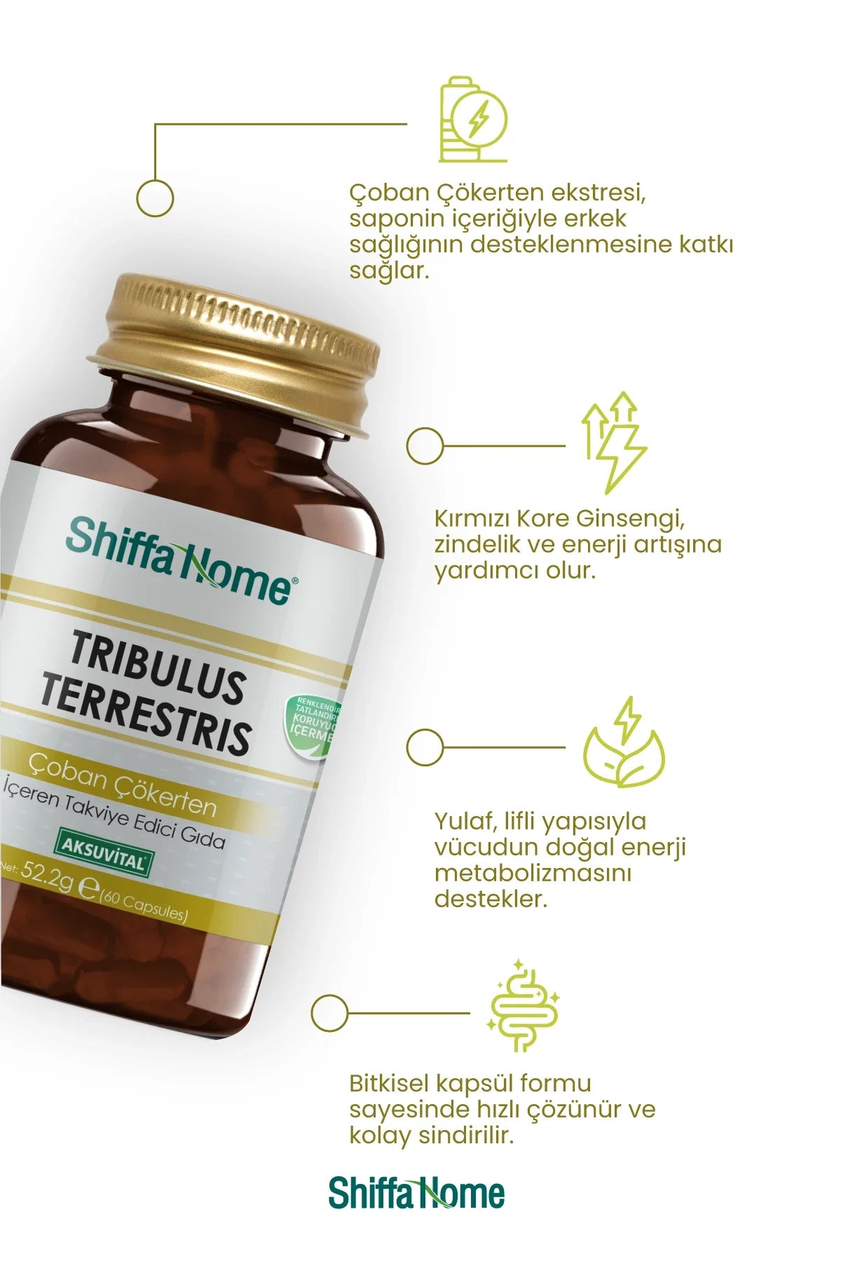 Shiffa Home Tribulus Terrestris (Çoban Çökerten) Kapsül – 60 Kapsül Bitkisel Takviye Edici Gıda 3