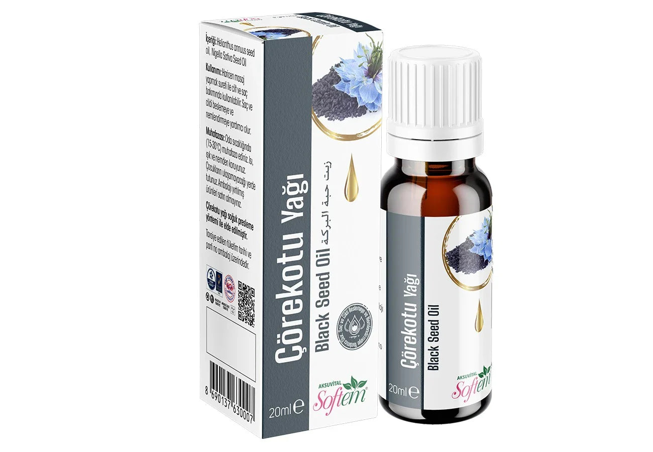 Softem Çörekotu Yağı 20 ml – Soğuk Sıkım Nigella Sativa Yağı | Cilt & Saç Bakım Yağı, Bitkisel Yağ
