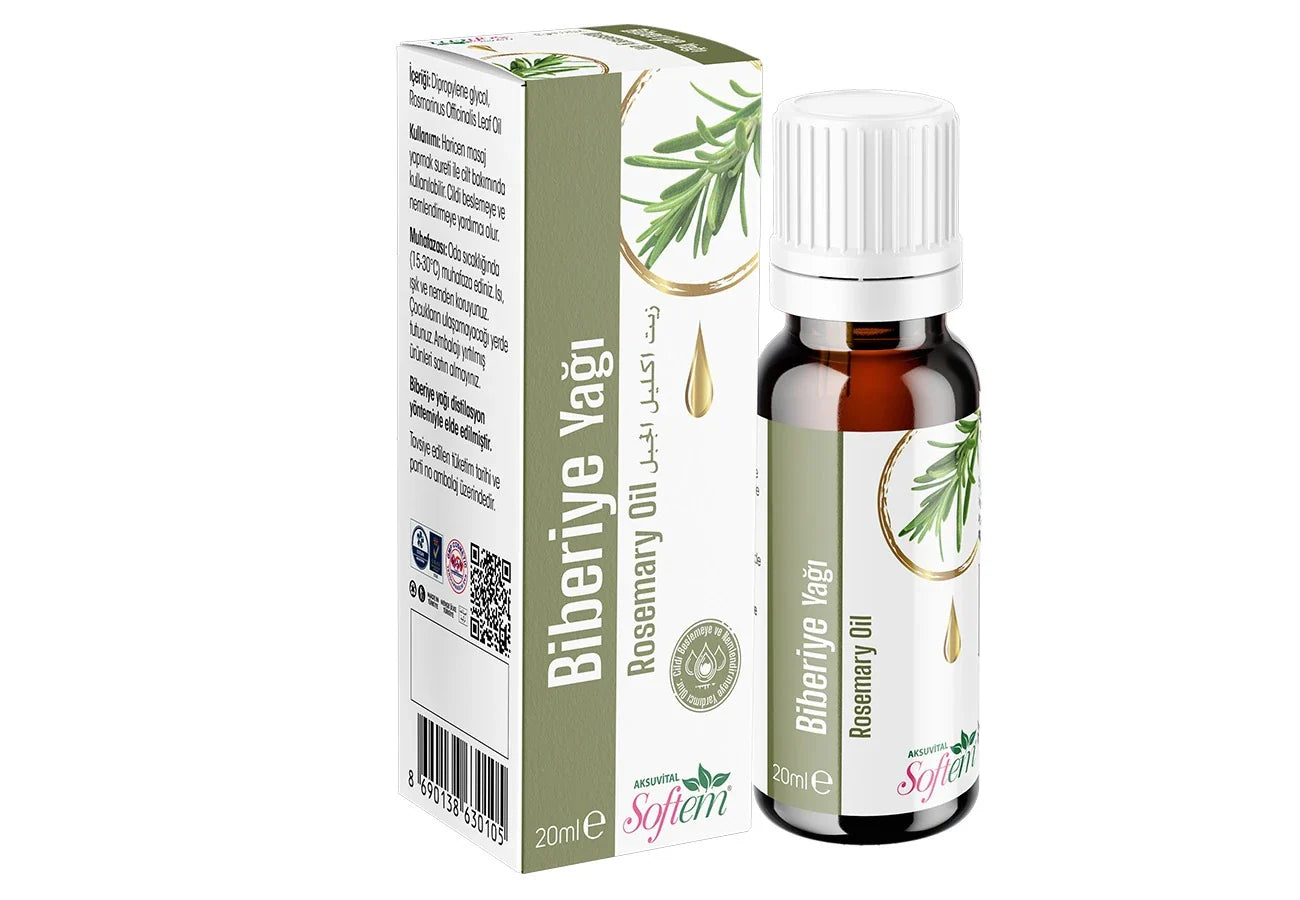 Softem Biberiye Yağı 20 ml – Distilasyon Yöntemiyle Elde Edilmiş Uçucu Yağ | Saç Bakımı, Aromaterapi ve Doğal Bakım Yağı